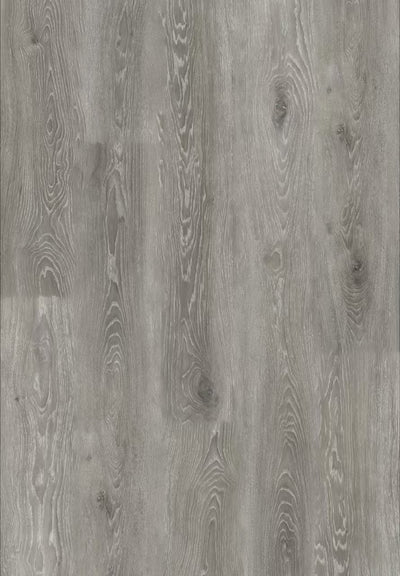 Gray wood-look flooring planks with realistic grain patterns and natural knots.